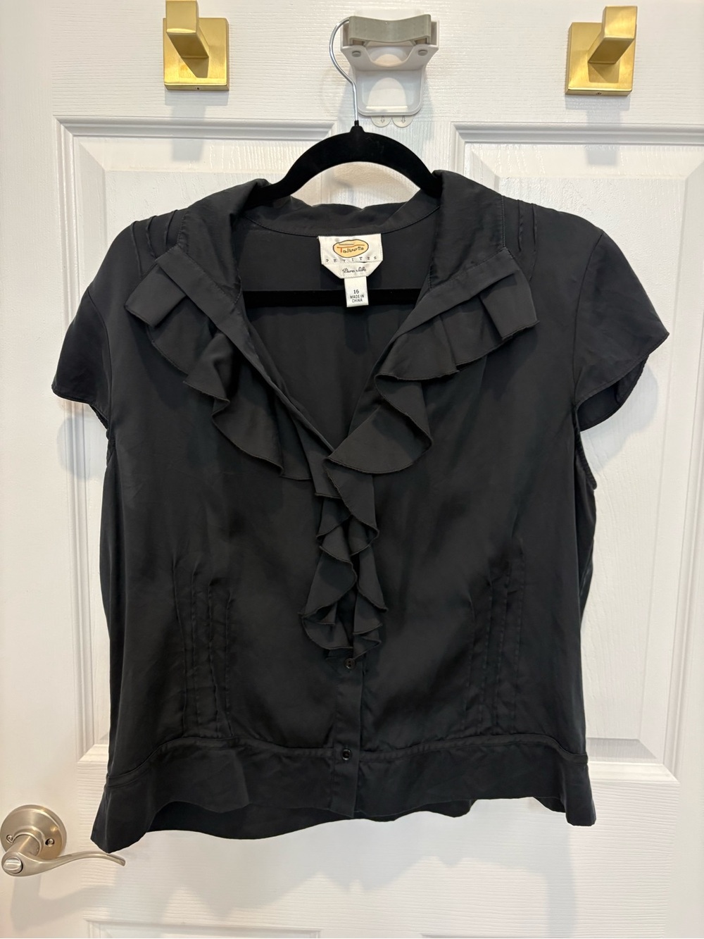 Talbots Silk Black Ruffled Short-Sleeve Blouse #1466